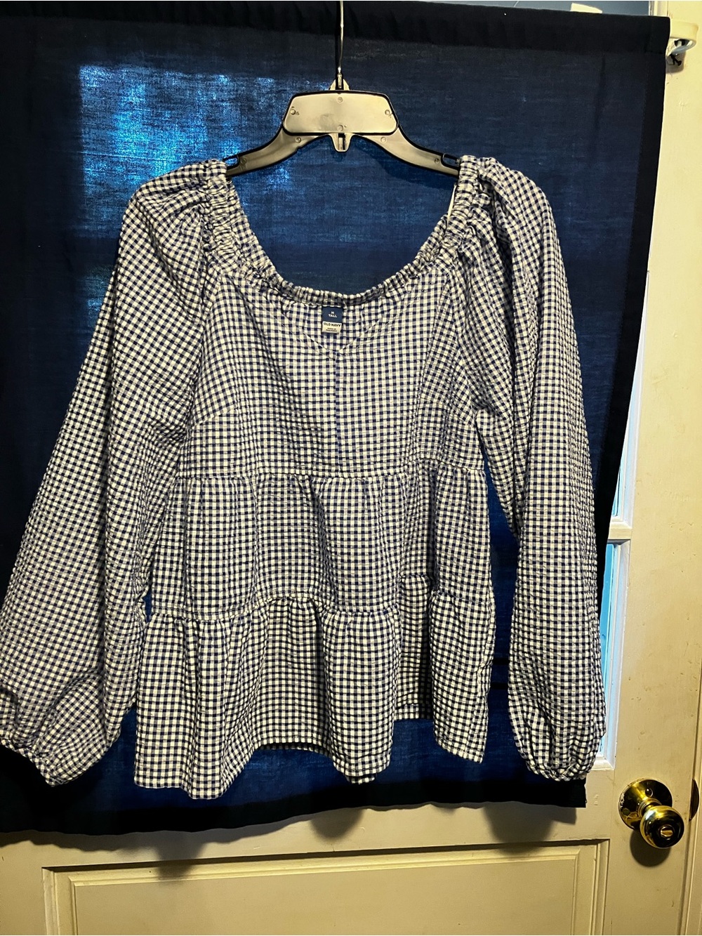 Old Navy Blue and White Gingham Tiered Peasant Top Medium Tall